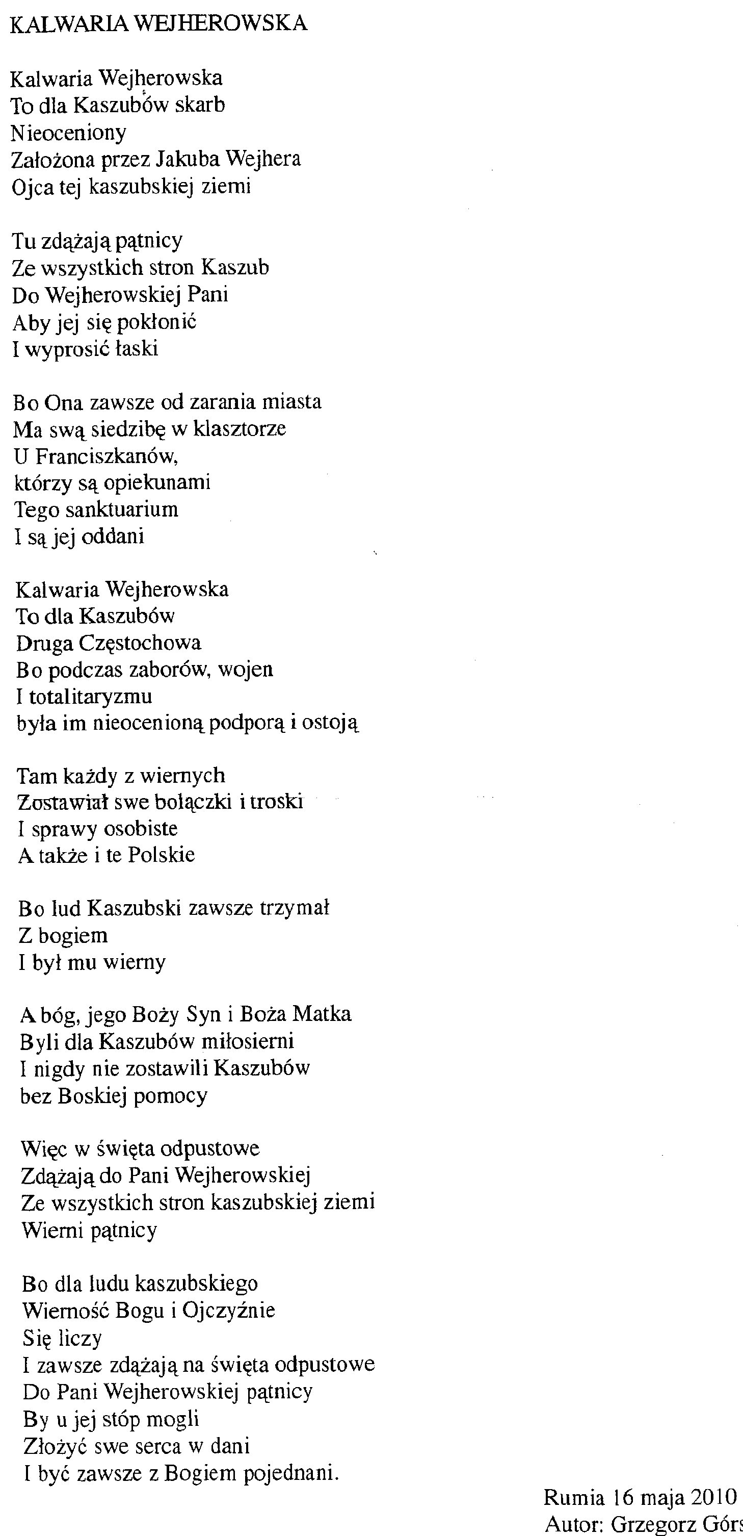 Wiersz po śpiewaniu na Kalwarii. Rumia 