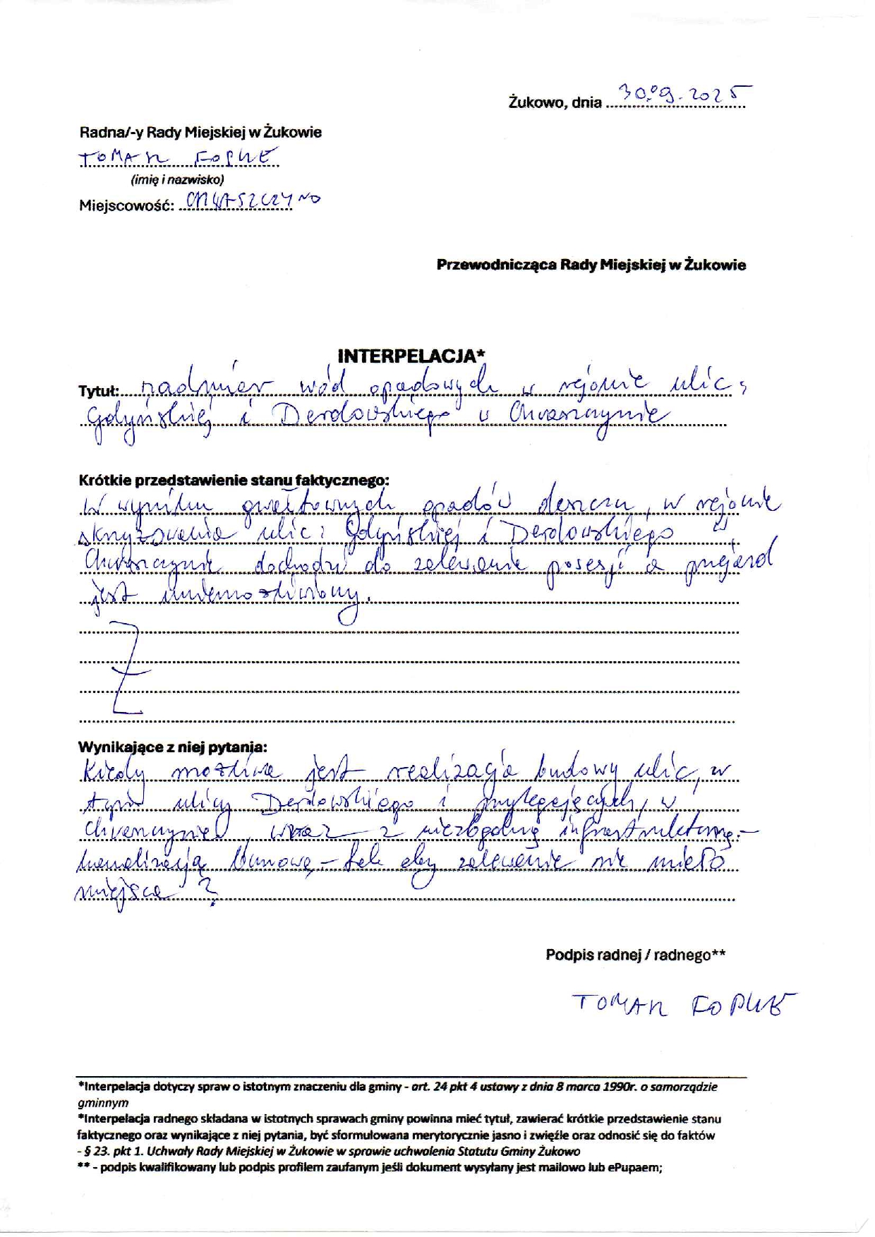 Interpelacja - Derdowskiego w Chwaszczynie